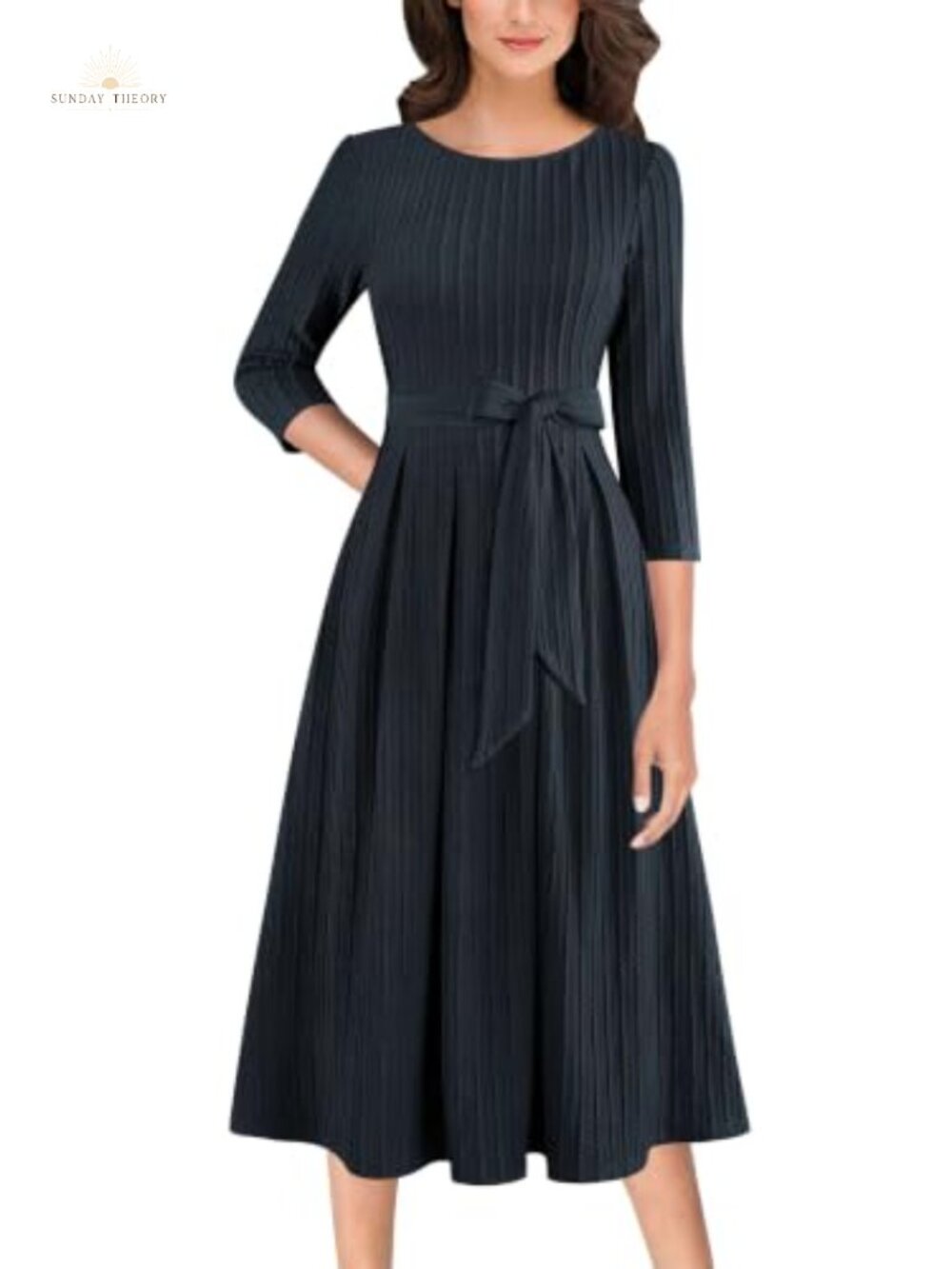 A-Line Midi Dress Business Casual Work Office Church Belted Pockets